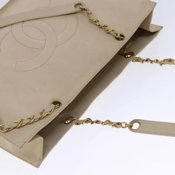 CHANEL COCO Mark Chain Tote Bag Caviar Skin Beige Gold CC Auth - Picture 12 of 16